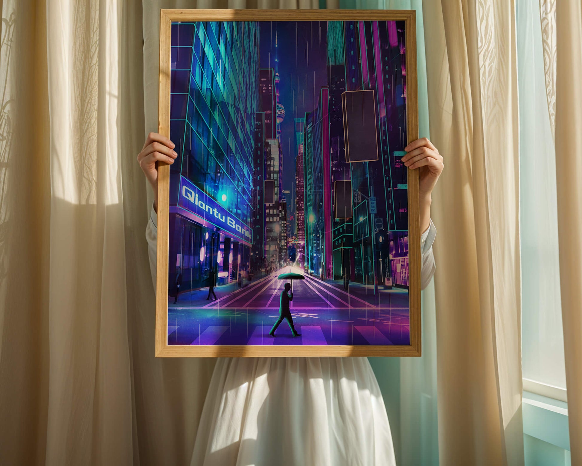 Futuristic urban street scene with neon lights and rainy atmosphere