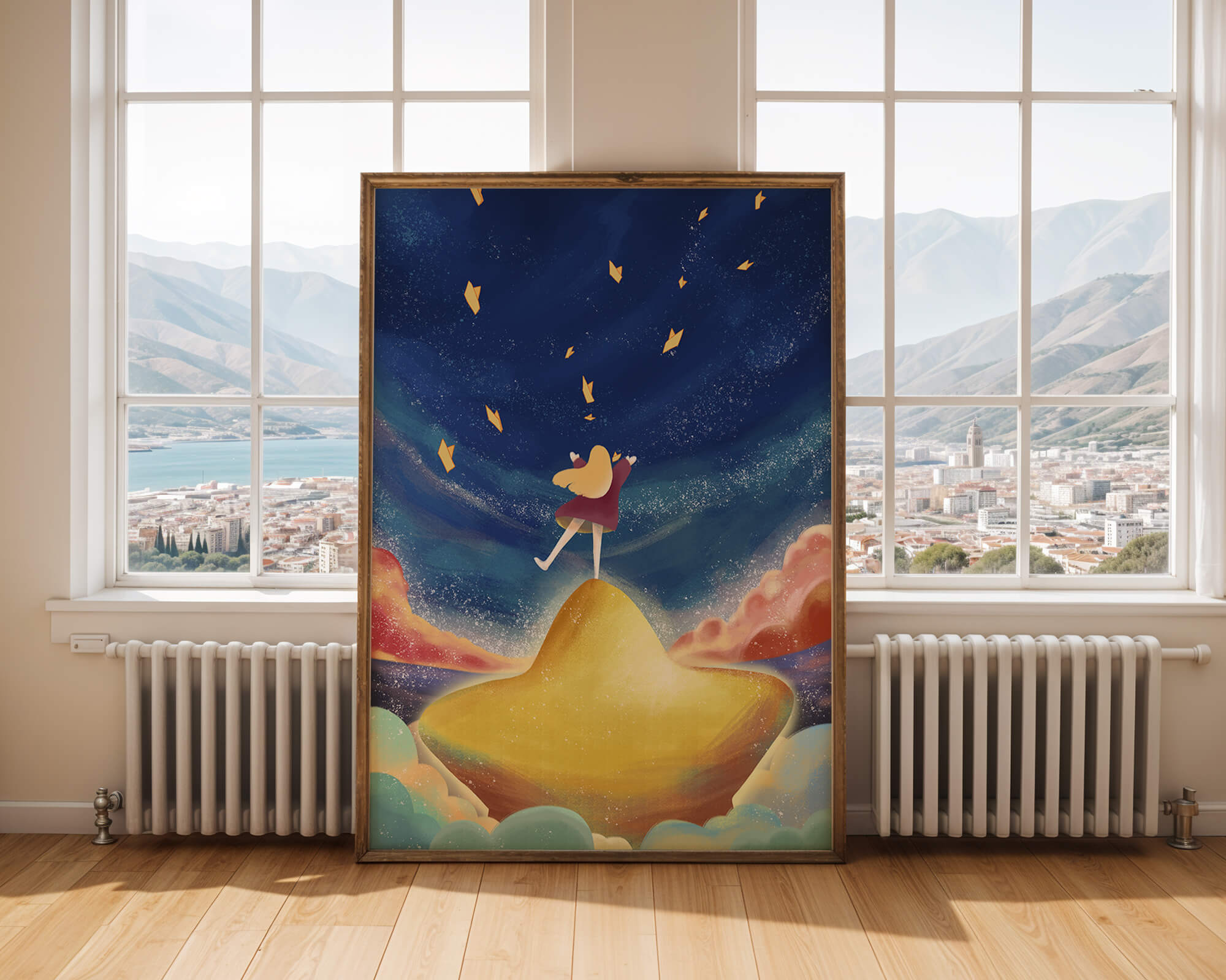Girl standing on a golden hill reaching for stars in a dreamy night sky