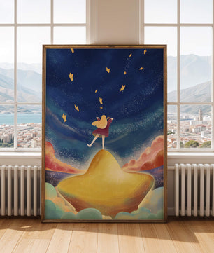 Girl standing on a golden hill reaching for stars in a dreamy night sky