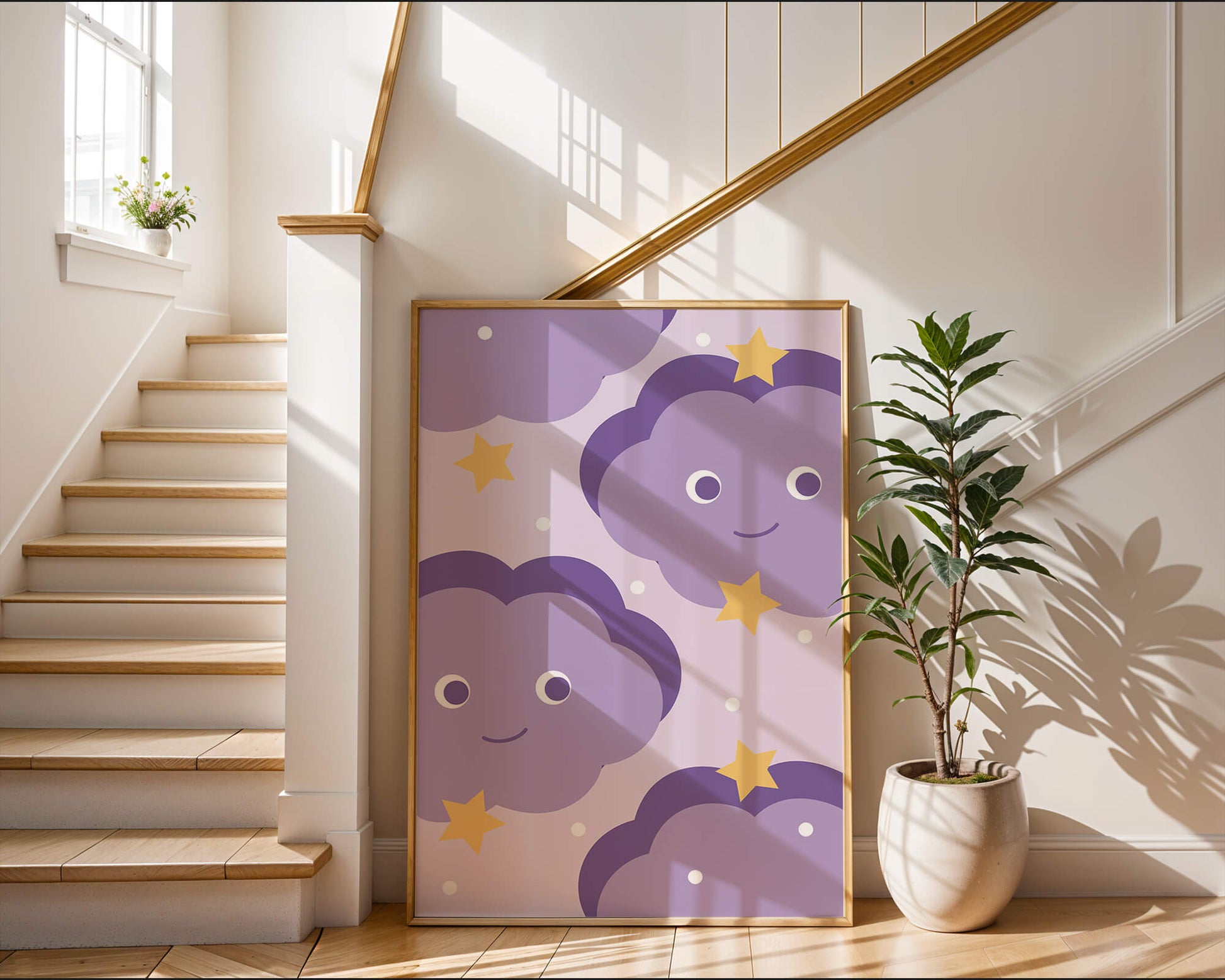 Whimsical purple cloud and star pattern for children's room decor