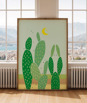 Desert cactus illustration with crescent moon