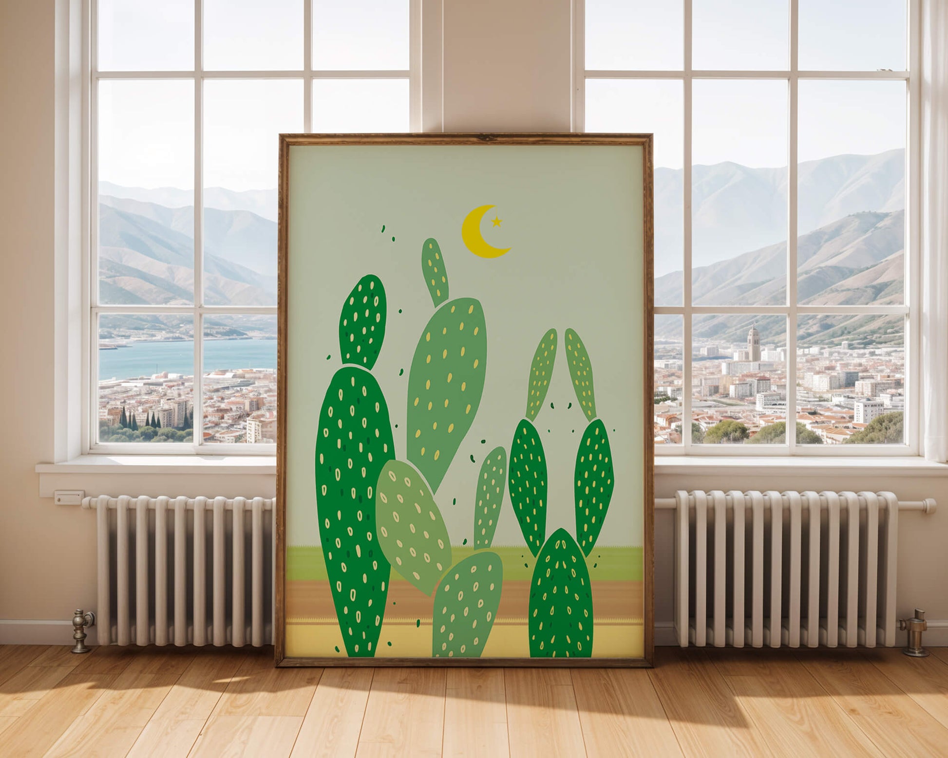 Desert cactus illustration with crescent moon