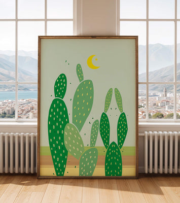 Desert cactus illustration with crescent moon