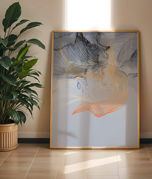Elegantes abstraktes Design mit fließenden goldenen und orangefarbenen Linien auf blauem Hintergrund