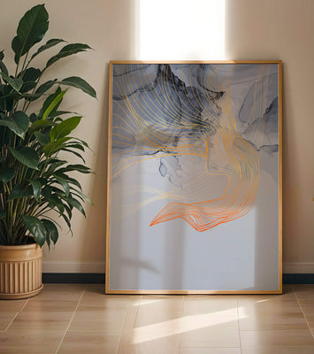 Elegant abstract design with flowing golden and orange lines on blue background