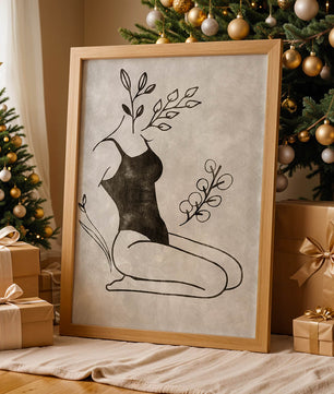 Abstrakte Frau mit botanischen Elementen im minimalistischen Stil