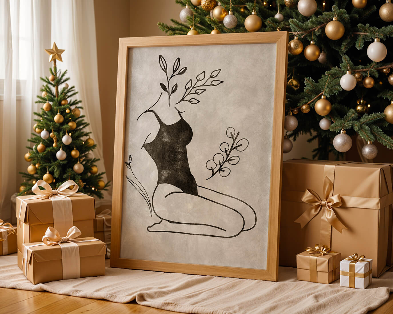 Mujer abstracta con elementos botánicos en estilo minimalista