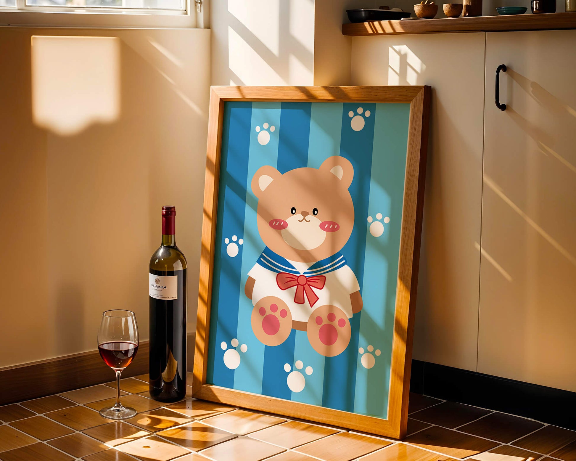 Adorable cartoon bear with sailor suit against striped background