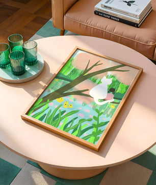 Encantadora ilustración al pastel de una niña y un gato junto a un estanque tranquilo