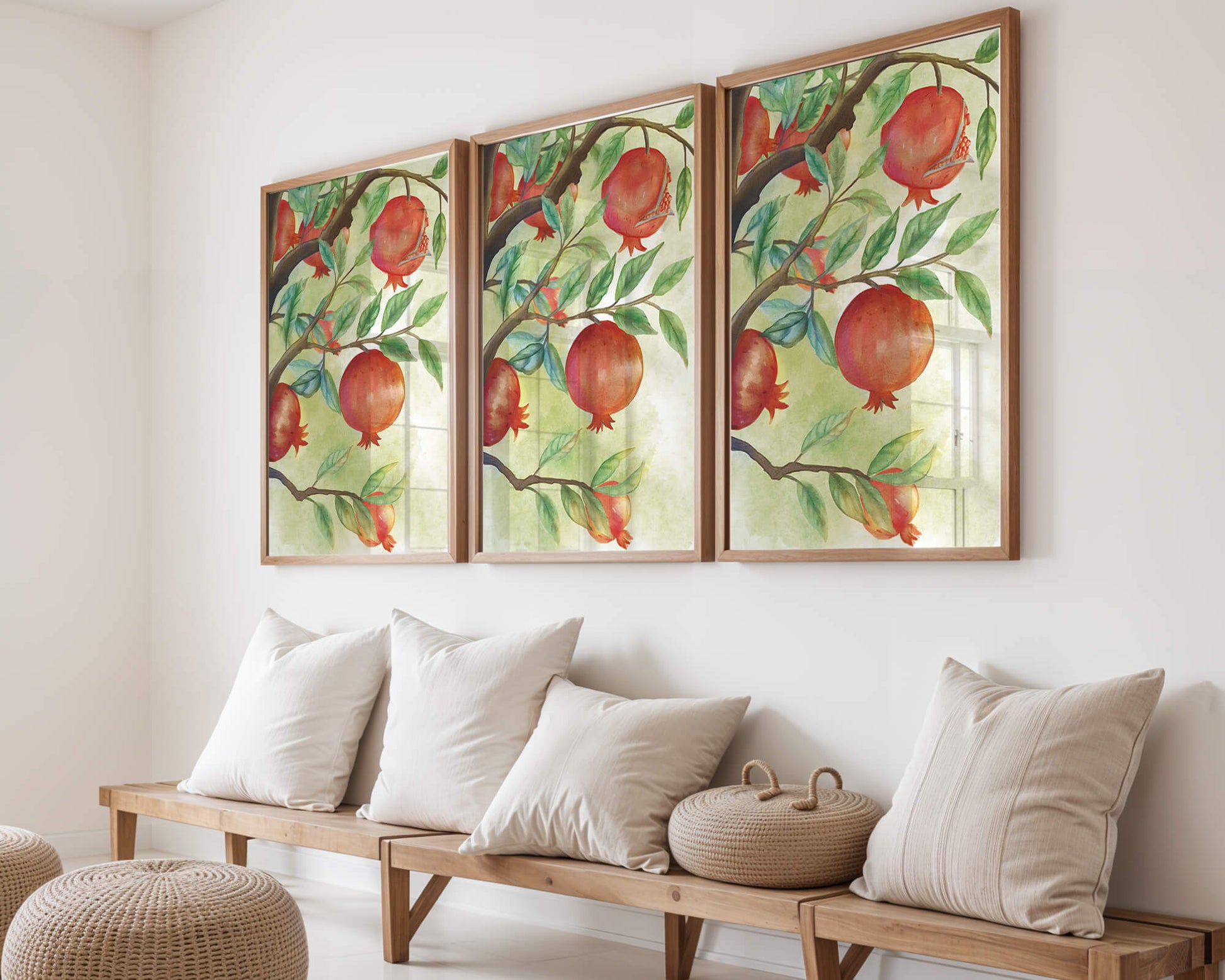 Watercolor Pomegranate Tree Branch with Fruits and Leaves