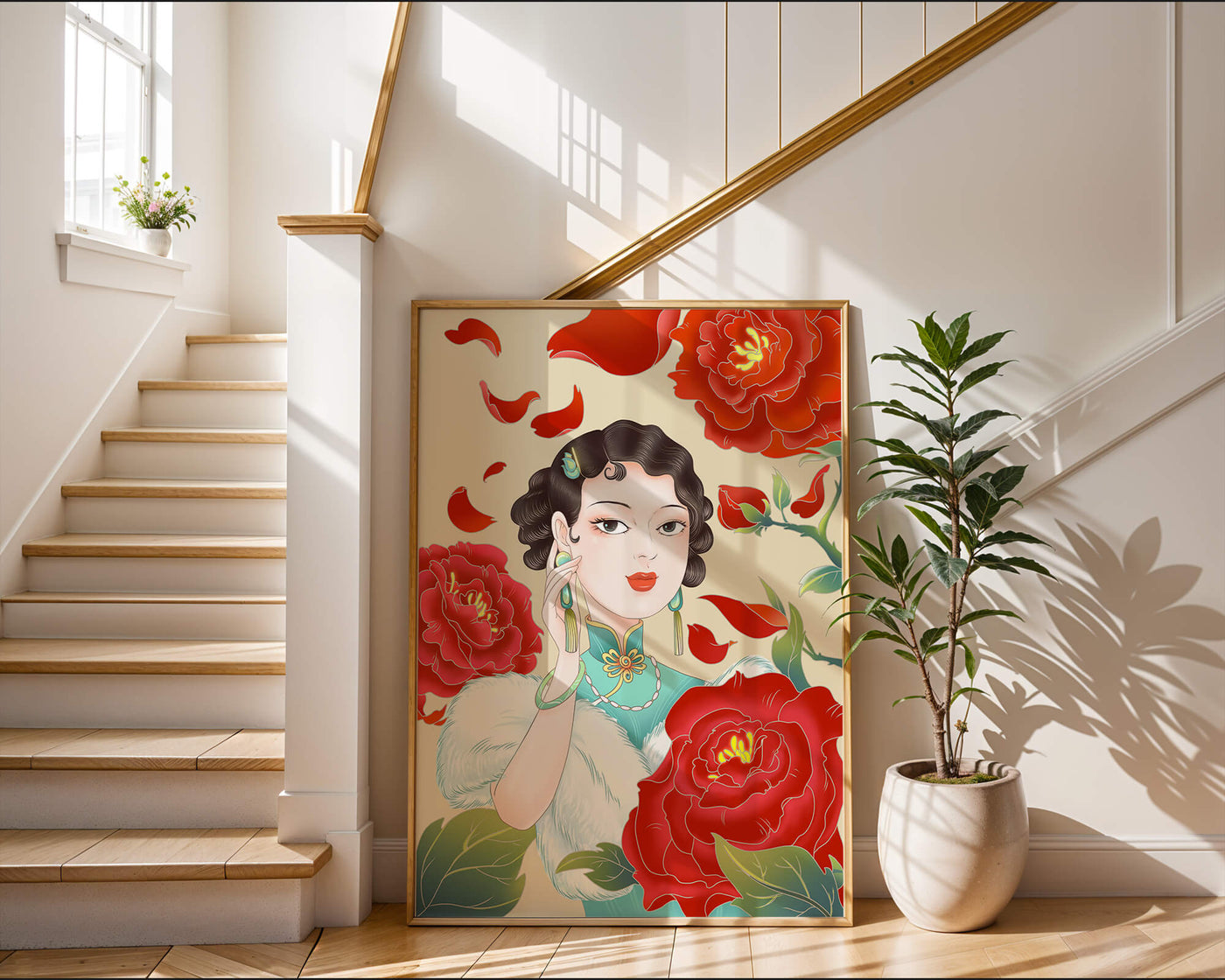 Elegant woman surrounded by vibrant red flowers and petals