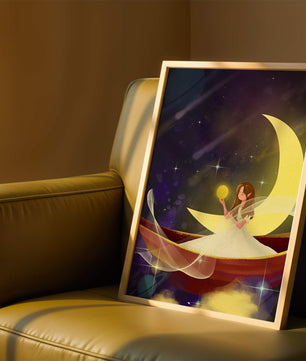 Enchanted night scene with a fairy on a crescent moon
