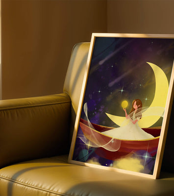 Enchanted night scene with a fairy on a crescent moon