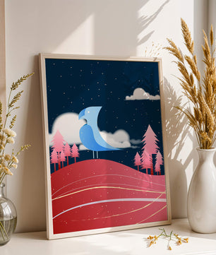 Colorful Night Scene with Blue Bird Under Starry Sky - Mi tienda