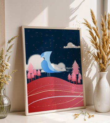 Colorful Night Scene with Blue Bird Under Starry Sky