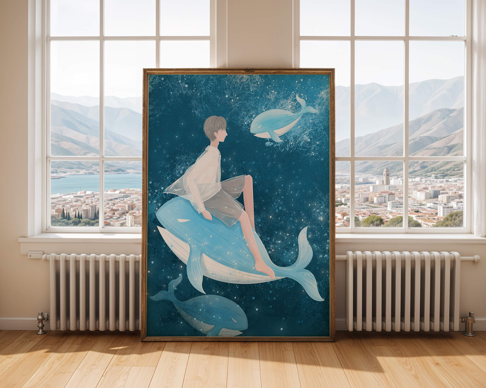 Fantasy illustration of person on blue whale in underwater scene