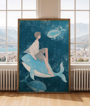 Illustration fantastique d'une personne sur une baleine bleue dans une scène sous-marine