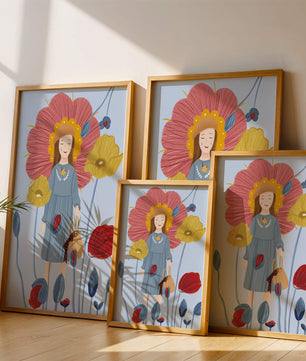 Fille dans un pays des merveilles fleuri avec des couleurs pastel et des fleurs vibrantes