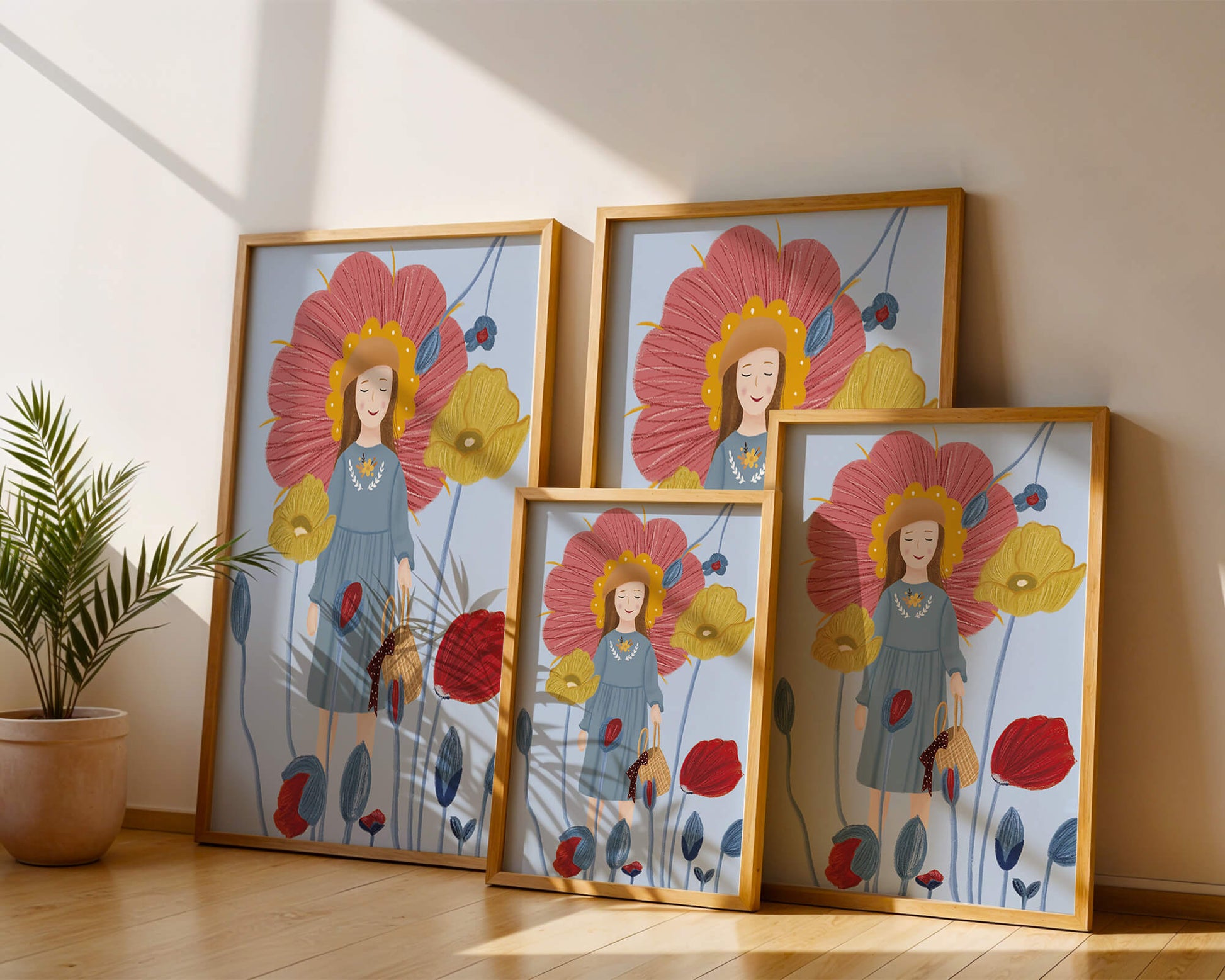 Fille dans un pays des merveilles fleuri avec des couleurs pastel et des fleurs vibrantes
