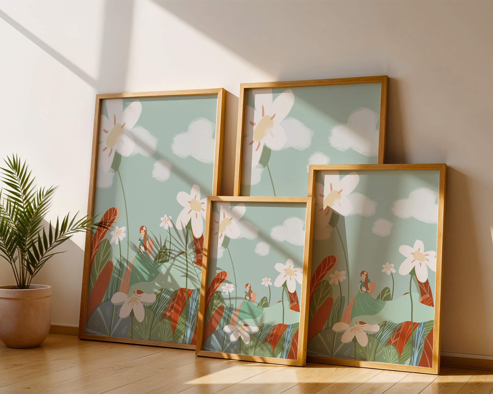 Whimsical garden scene with woman in a floral wonderland