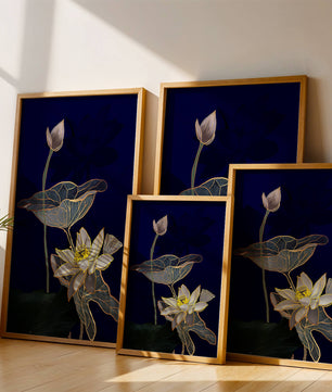 Elegant Lotus Flower with Gold Accents on Deep Blue Background