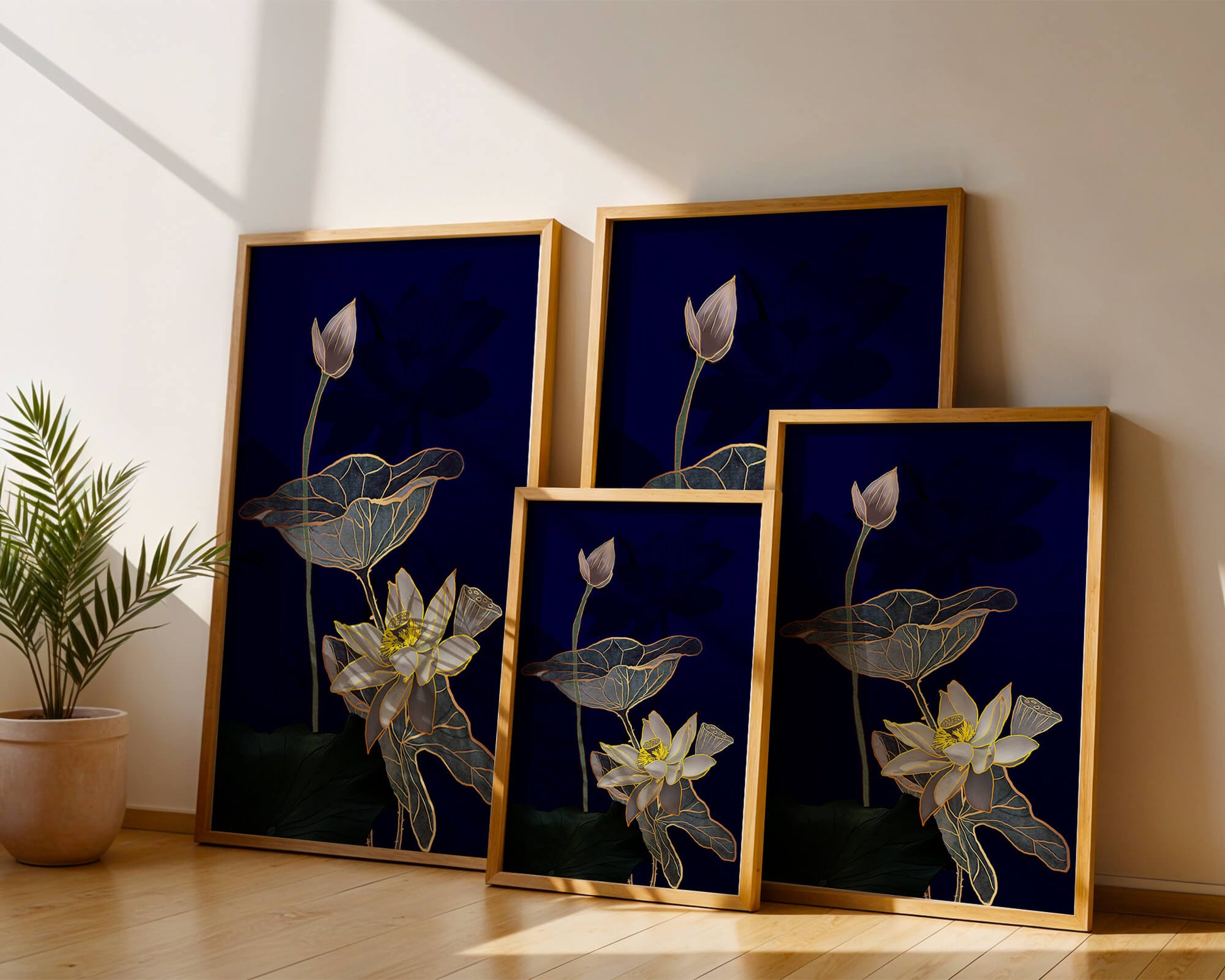 Elegant Lotus Flower with Gold Accents on Deep Blue Background