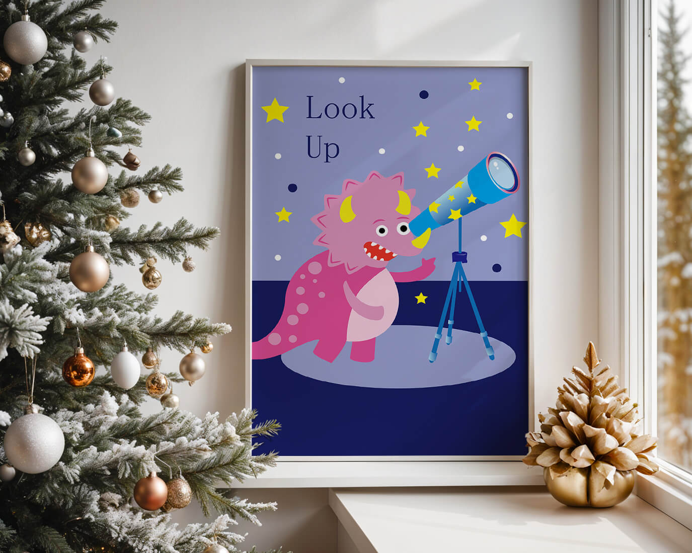 Pink cartoon dinosaur looking through a telescope with stars