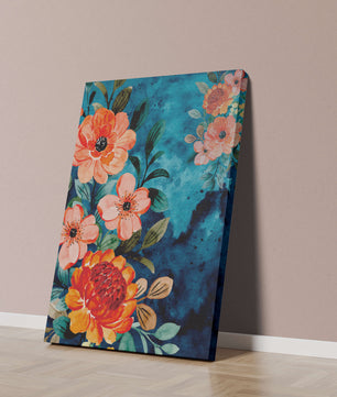 Vibrant floral watercolor design with orange blossoms and blue background