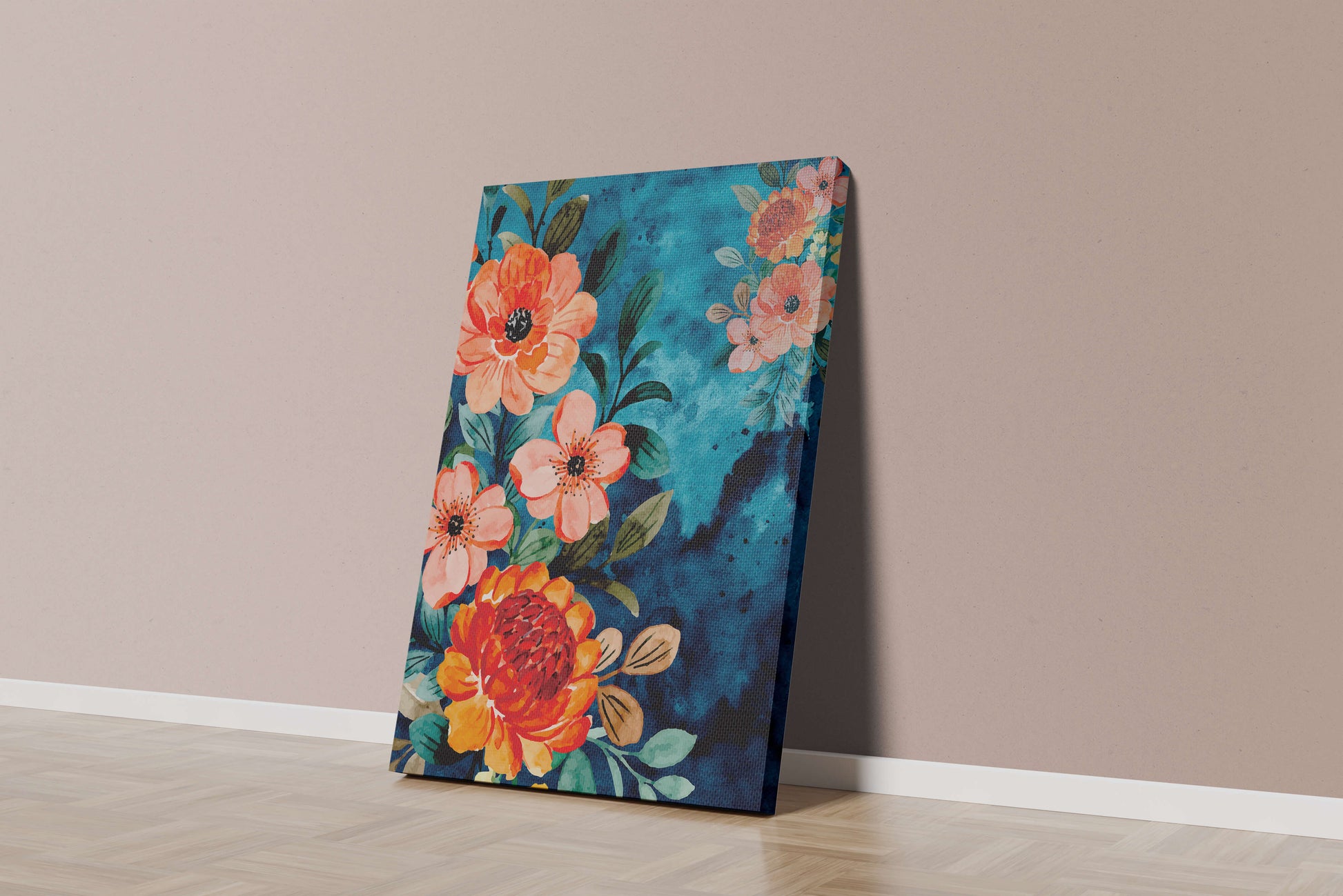 Vibrant floral watercolor design with orange blossoms and blue background