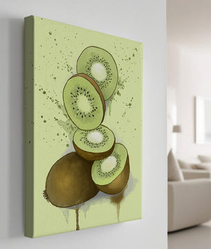 Watercolor illustration of sliced kiwi fruit with splashes