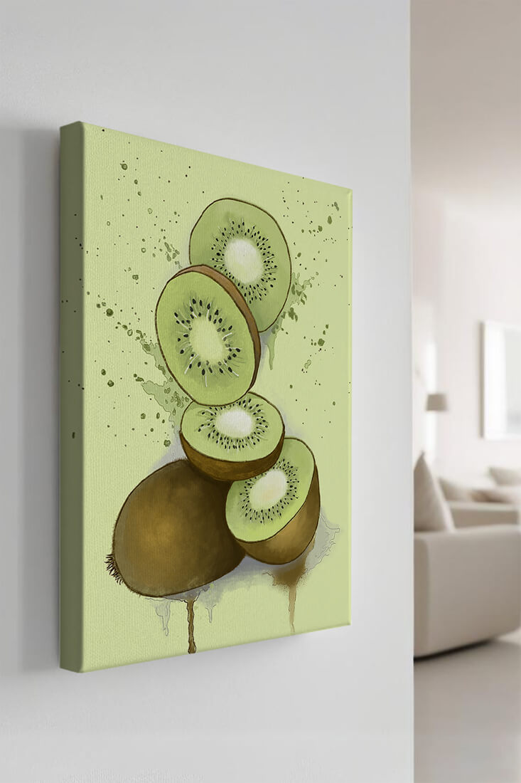Watercolor illustration of sliced kiwi fruit with splashes