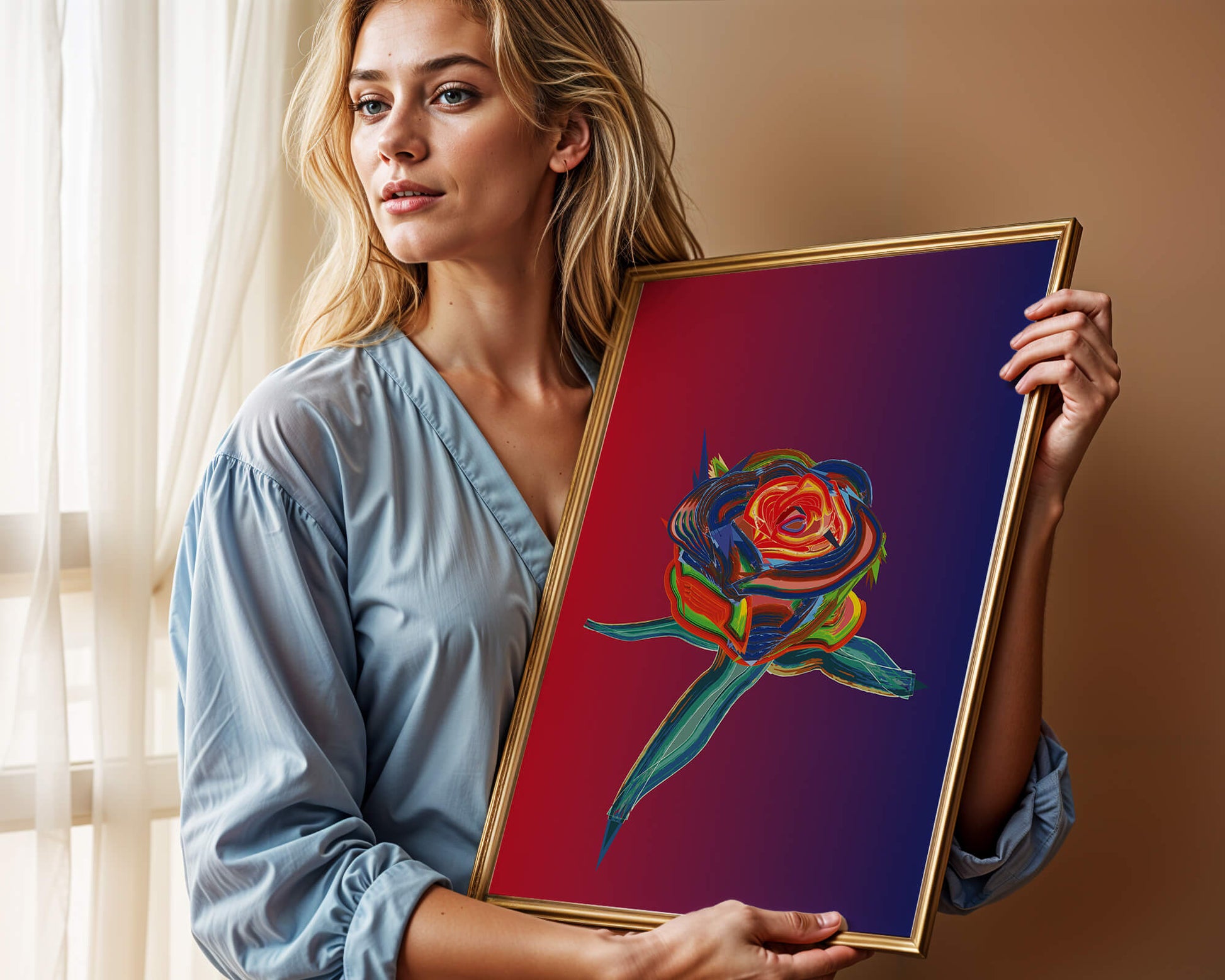 Rosa abstracta vibrante con colores dinámicos sobre fondo degradado