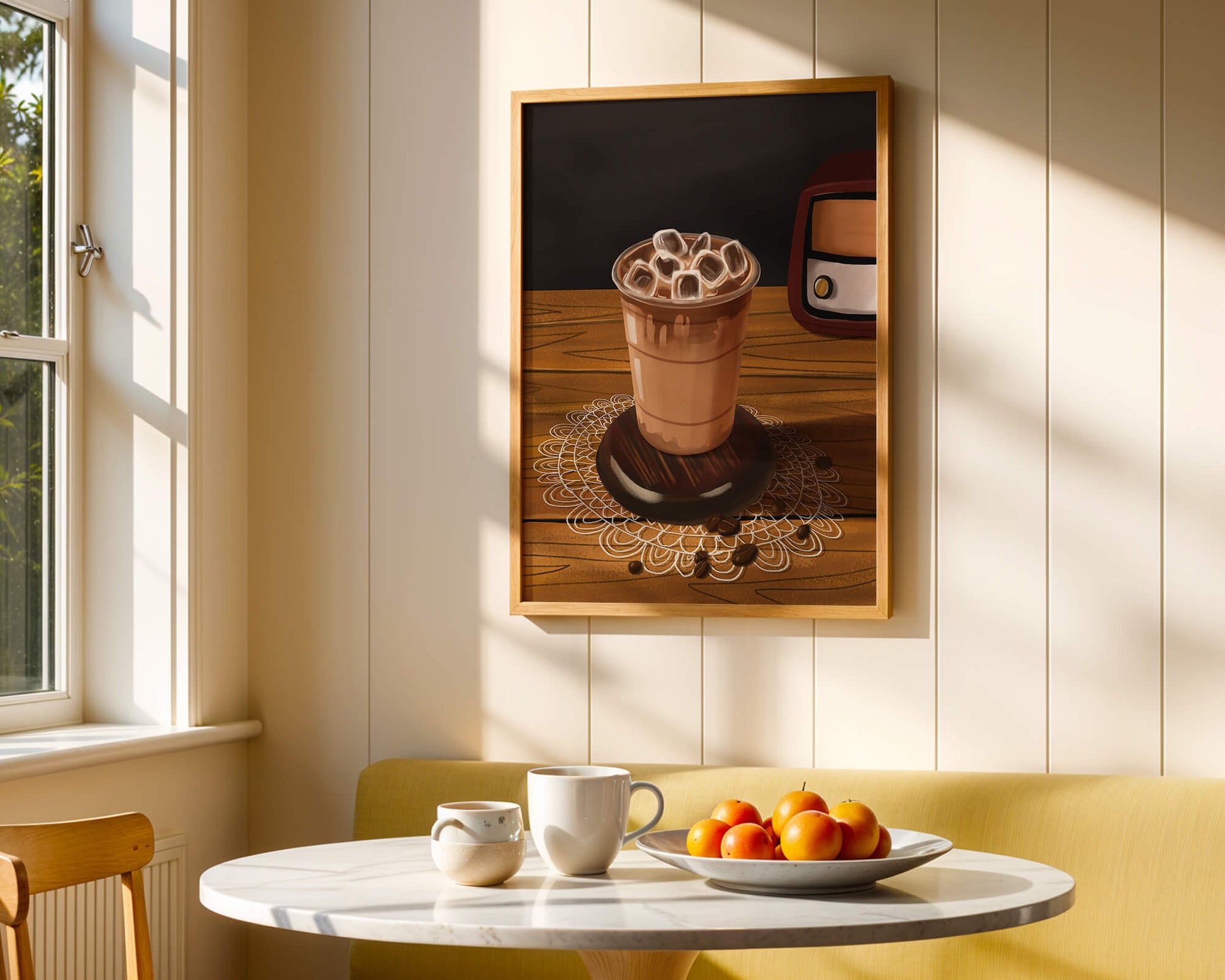 Escena de café vintage con café helado y radio retro