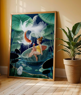 Illustration imaginative d'une fille avec un poisson et un lapin sous des nénuphars illuminés par la lune