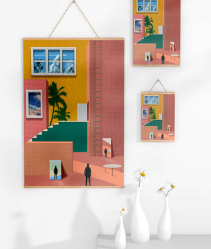 Surreale Architekturlandschaft mit tropischen Elementen und abstrakten Figuren