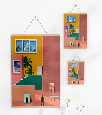 Surreal architectural landscape with tropical elements and abstract figures