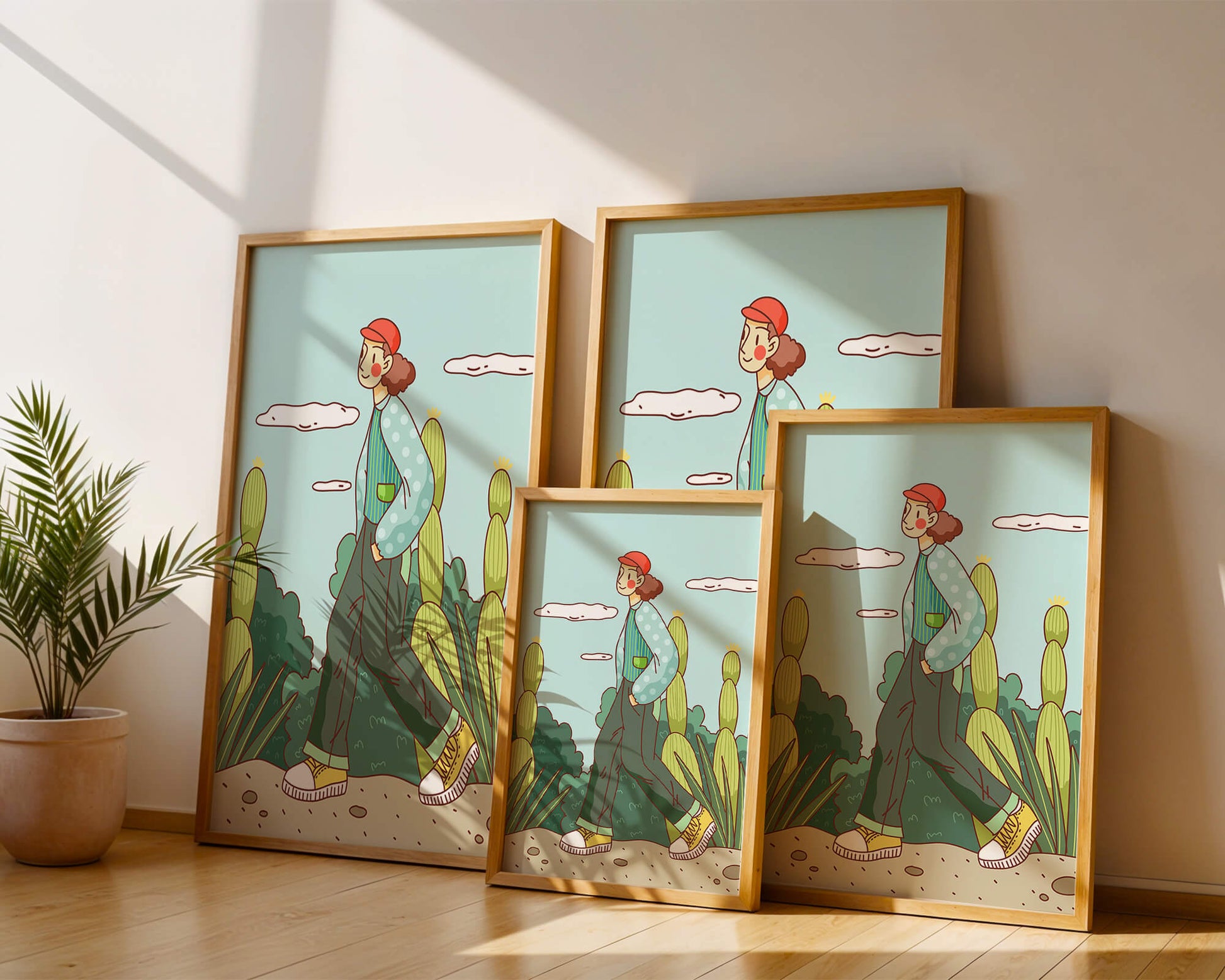 Person walking in desert landscape with cacti