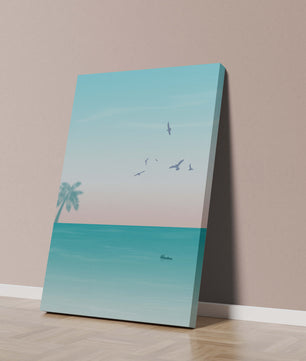 Serene Beach Landscape with Palm Trees and Seagulls at Sunset