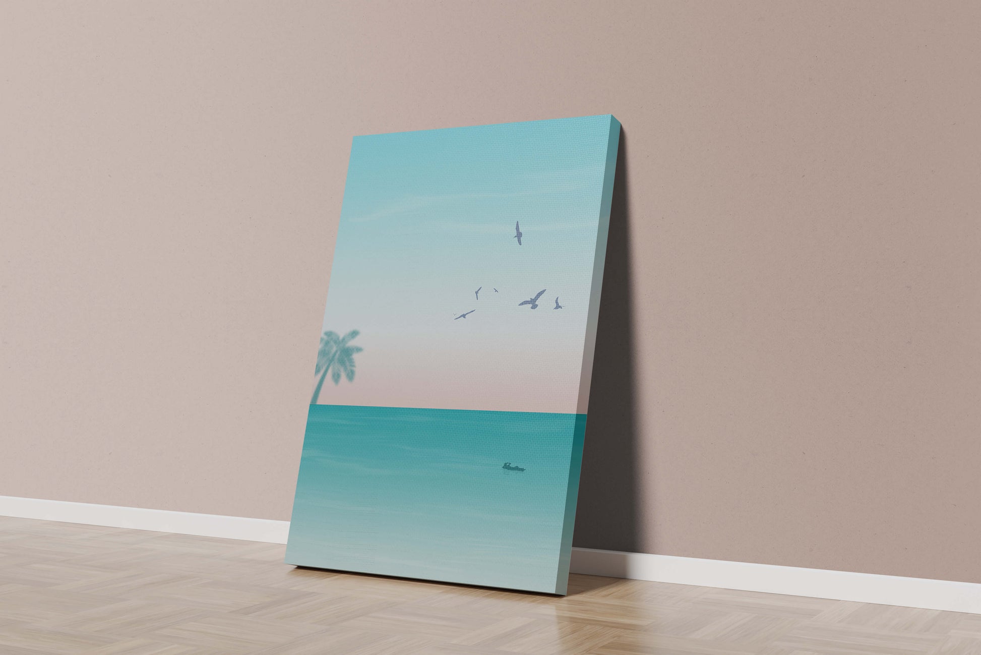Serene Beach Landscape with Palm Trees and Seagulls at Sunset