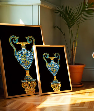 Jarrón elegante incrustado de joyas con acentos dorados y azules sobre fondo negro