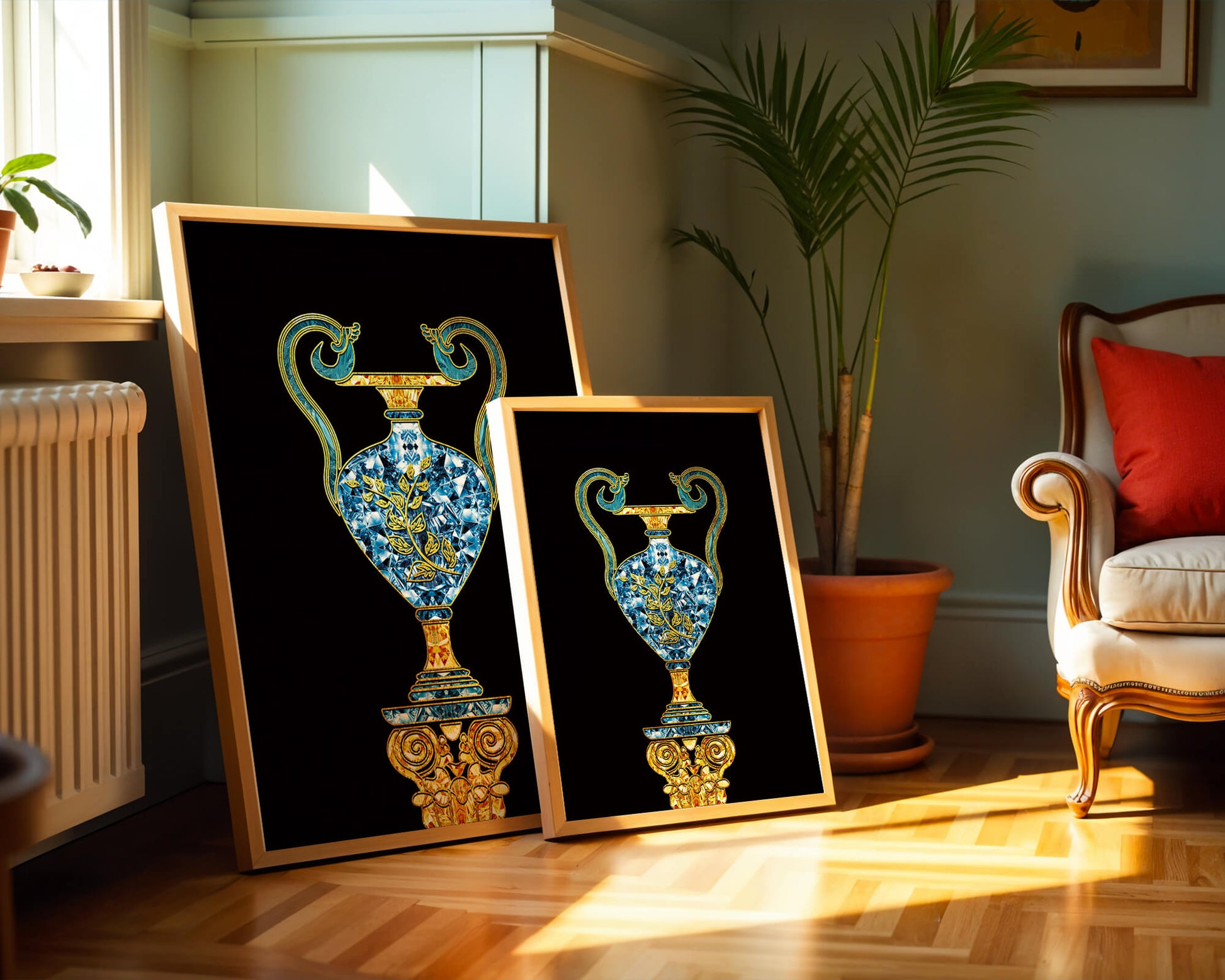 Elegante jarrón con incrustaciones de joyas y detalles dorados y azules sobre fondo negro