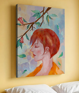 Illustrative artwork of a woman with red hair and floral branch