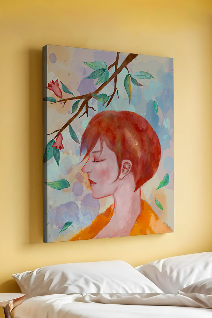 Illustrative artwork of a woman with red hair and floral branch