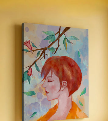 Illustrative artwork of a woman with red hair and floral branch