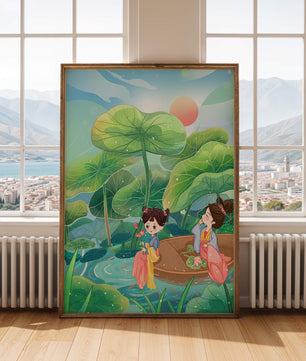 Charming illustration of children on a boat in a lush lotus pond