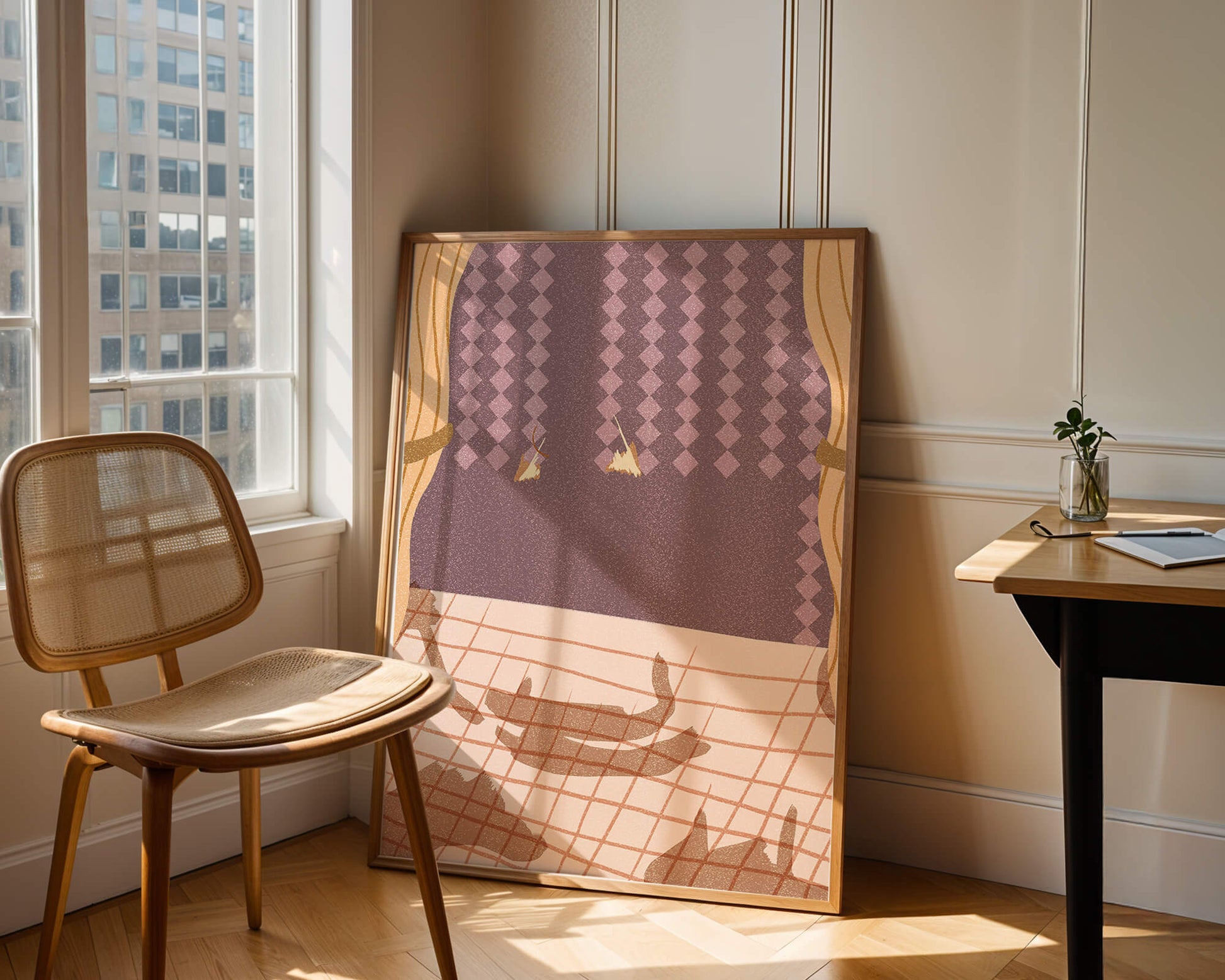 Abstract Interior with Cats' Shadows on Checkered Floor