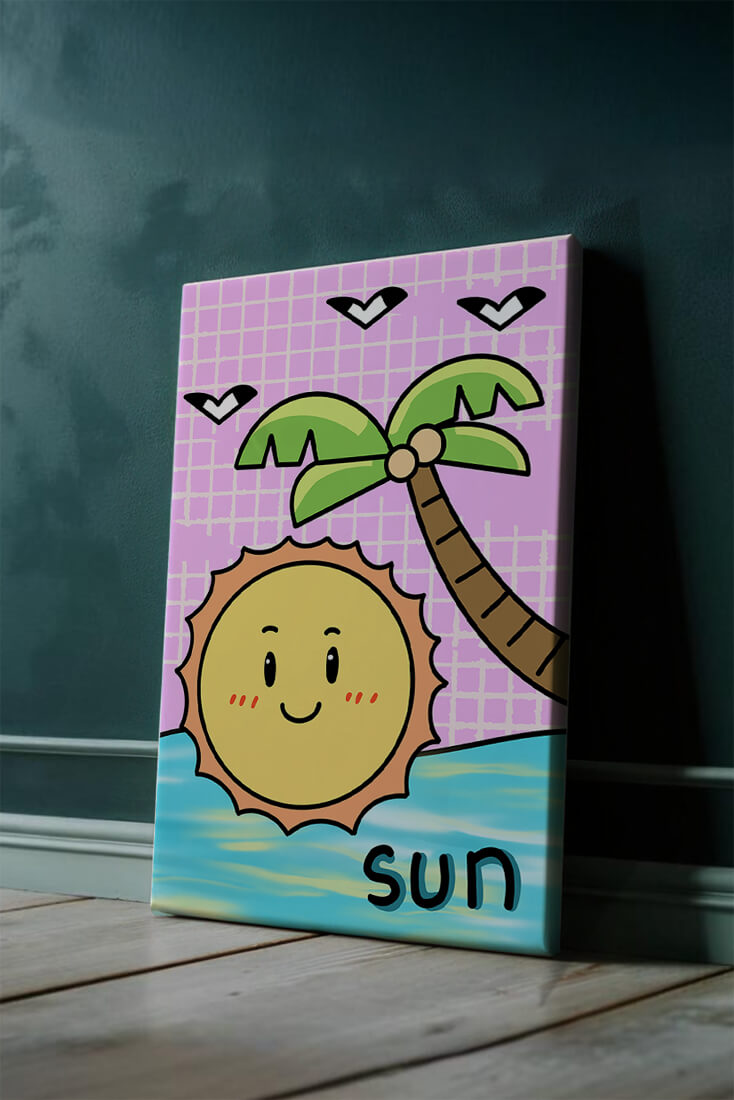 Cartoon sun with palm tree and ocean scene