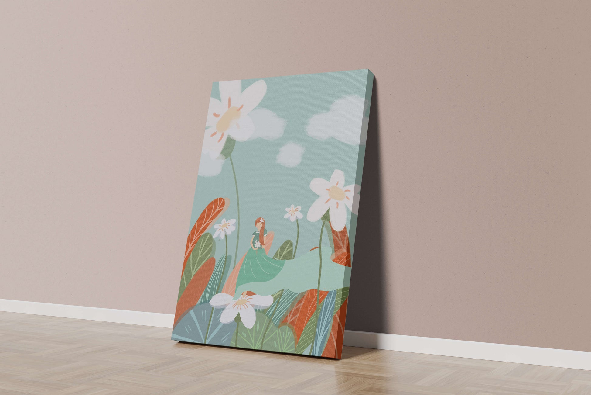 Whimsical garden scene with woman in a floral wonderland