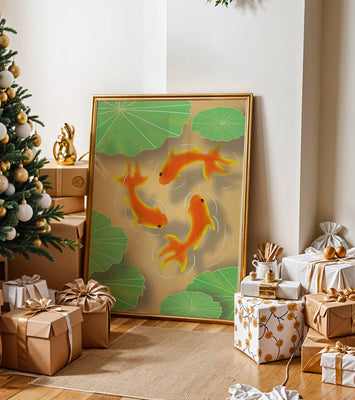 Tranquil pond scene with koi fish and lily pads
