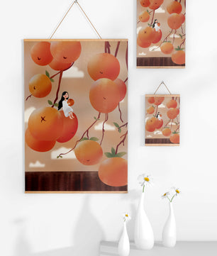 Whimsical illustration of girl with giant oranges and branches